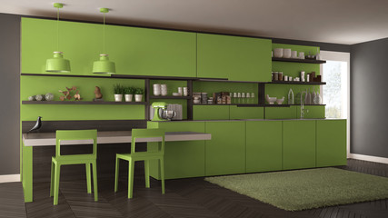 Minimalist modern kitchen with wooden details, table and chairs, green interior design