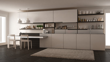 Minimalist modern kitchen with wooden details, table and chairs, white interior design