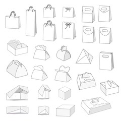 Blank boxes and bags, various shapes, vector, isolated on white background