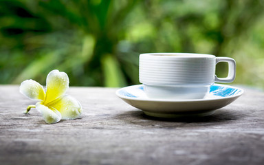 Coffee break on Wood Table and Natural Background