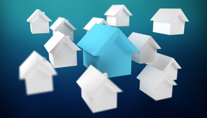 3D rendered small white and blue houses