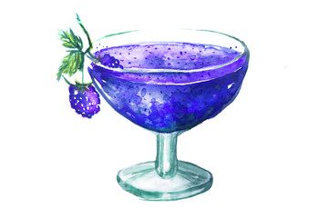 Blackberry jam, watercolor drawing on a white background. Berry dessert, drink, sweet. Illustration on white isolated background. Watercolor greeting card.