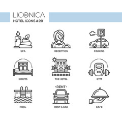 Hotel - modern vector flat line design icons set.
