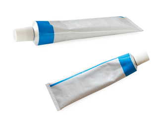 Aluminum tube of cream ointment isolated on white background. Top and side view