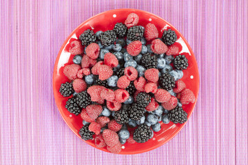 Berry fruits in summer with strawberries, blueberries and raspberries