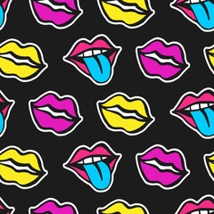 Fashionable colorful mouth lips seamless pattern on black background