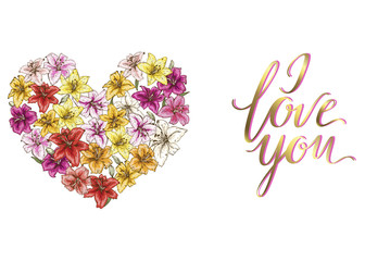 Obraz premium Heart of colorful lilies and lettering I LOVE YOU. Vector illustration.