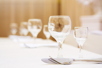 Empty wine glasses in restaurant