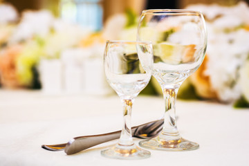 Empty wine glasses in restaurant