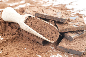 dark chocolate pieces and cocoa powder