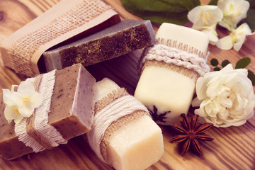 Decorated pieces of various dry soap with a jasmine, rose and anises