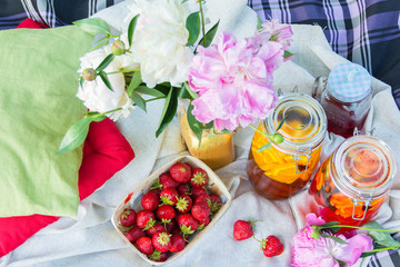 Picnic in the outdoor with strawberry and cold beverages