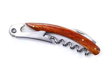 Wooden corkscrew isolated on white background. View from above.