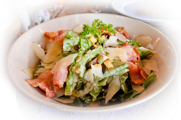 Caesar Salad, Italian traditional salad. Fresh vegetable, crispy bacon and ceasar salad dressing. Good for everyone health.