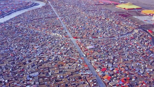 Aerial view of shacks of buddhist monks in Yarchen Gar Monastery in Sichuan, China