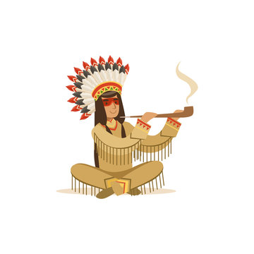 Native american indian in traditional indian clothing sitting in lotus position and smoking pipe vector Illustration