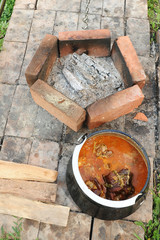 Outdore dish preparation beans pot