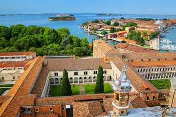 View of the courtyards of San Giorgio Monastery and Giudecca island in Venice, Italy.