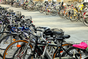 Bicycles parked inside train station in Wiesbaden, Hesse, Germany