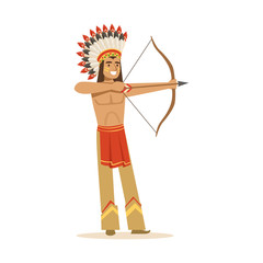 Native american indian in traditional indian clothing shooting a bow and arrow vector Illustration