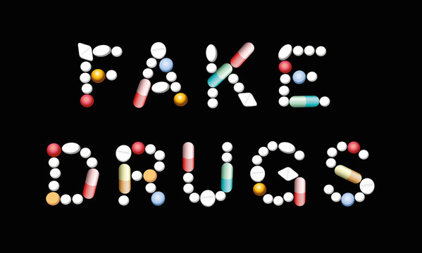 FAKE DRUGS written with pills, tablets and capsules. Isolated vector illustration on black background.