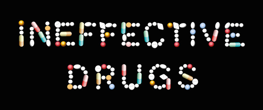 INEFFECTIVE DRUGS written with pills, tablets and capsules. Isolated vector illustration on black background.