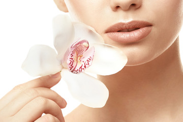 Closeup view of beautiful young woman with natural lips makeup and flower on white background