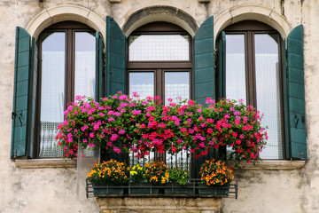 Fototapeta na wymiar Detail of a building with window and flower box in Venice, Italy