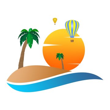 Summer landscape icon with orange sunset, with palm tree on sand hill on with colorful hot air balloons flying and white clouds .Holiday greeting for romantic trip with water.A sign for environmental 