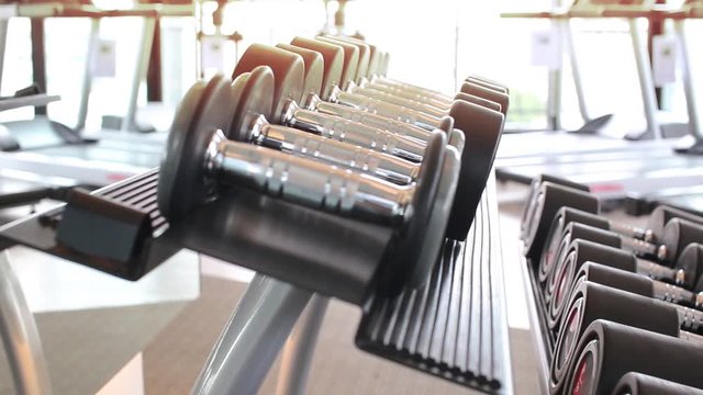 Row Of Dumbbells On A Rack In The Gym