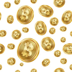 Bitcoin Seamless Pattern Vector. Gold Coins. Digital Currency. Fintech Blockchain. Isolated Background. Golden Finance Banking Texture.