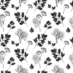 vegetable seamless pattern with herbs in hand drawn style