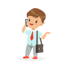Cute little boy businessman talking on smartphone, vector Illustration