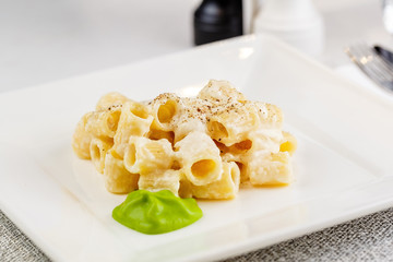 Penne pasta with a creamy sauce with parmesan cheese and spinach sause