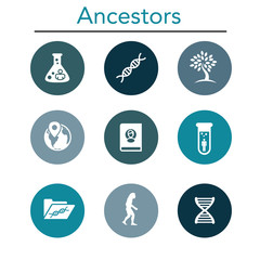 Ancestry or Genealogy Icon Set with Family Tree Album, DNA, beakers, etc