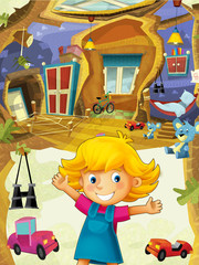 Obraz na płótnie Canvas Cartoon children room with happy cheerful girl standing and smiling- house in the tree 