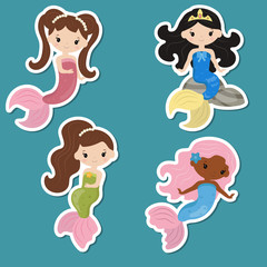 Set of cute girl mermaids stickers