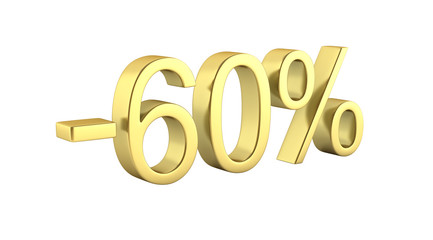 Gold text 60 percent off on white background without shadow 3D render
