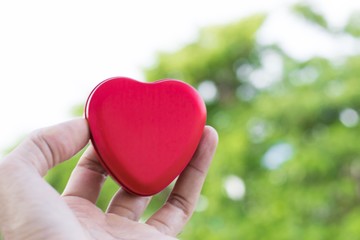 Men holding heart shaped box red color  on  tree blury background.  using wallpaper or background for care photo.