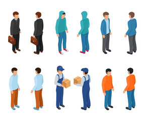 Trendy isometric young creative people with businessman, freelancers, delivery courier and ordinary people. Vector illustration.