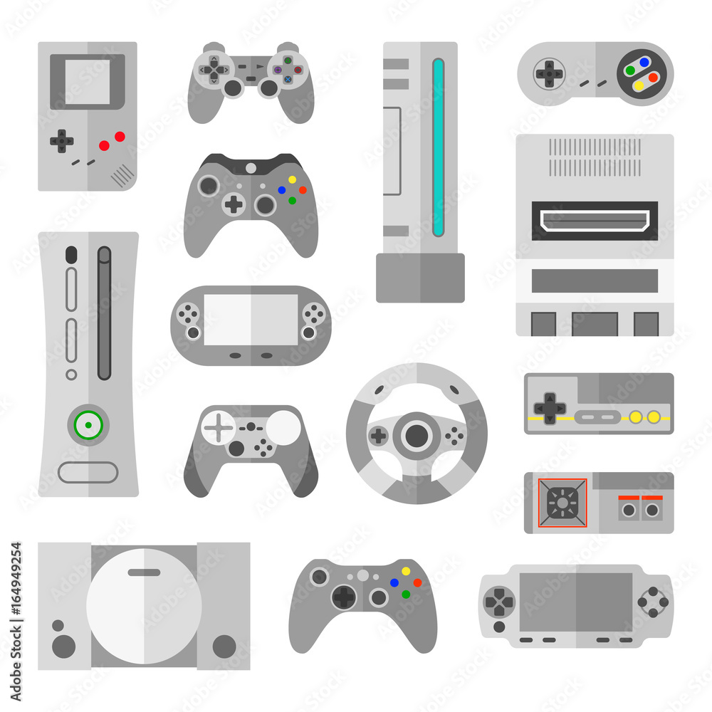 Poster computer console with game controllers for video games. vector illustrations in cartoon style