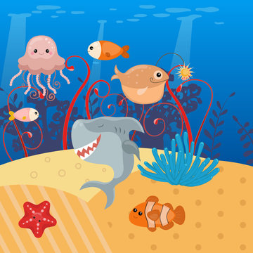 Vector background with an underwater world
