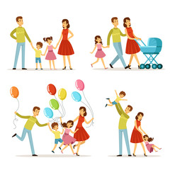 Fototapeta na wymiar Big family. Father, pregnant mother, little baby. Vector character set. Happy peoples