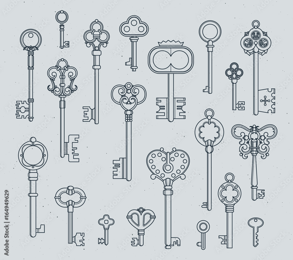 Poster antique keys set. hand drawn medieval vector illustrations of old objects isolate on white