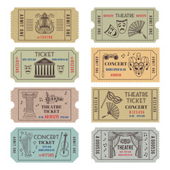 Fototapeta na wymiar Vintage theatre or cinema tickets with different monochrome symbols of ballet or opera