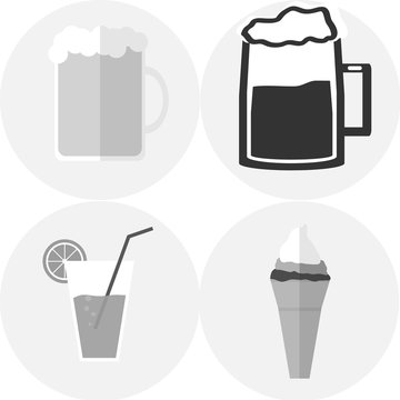 Beer mug, a glass of juice, ice cream
