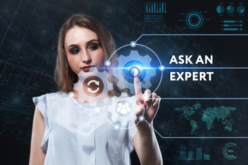 The concept of business, technology, the Internet and the network. A young entrepreneur working on a virtual screen of the future and sees the inscription: Ask an expert