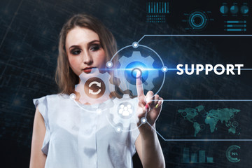 The concept of business, technology, the Internet and the network. A young entrepreneur working on a virtual screen of the future and sees the inscription: Support