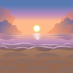 Beautiful tropical beach sunset scene, vector illustration