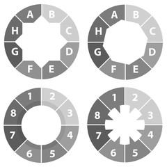 A pie chart in gray, a set of pie charts